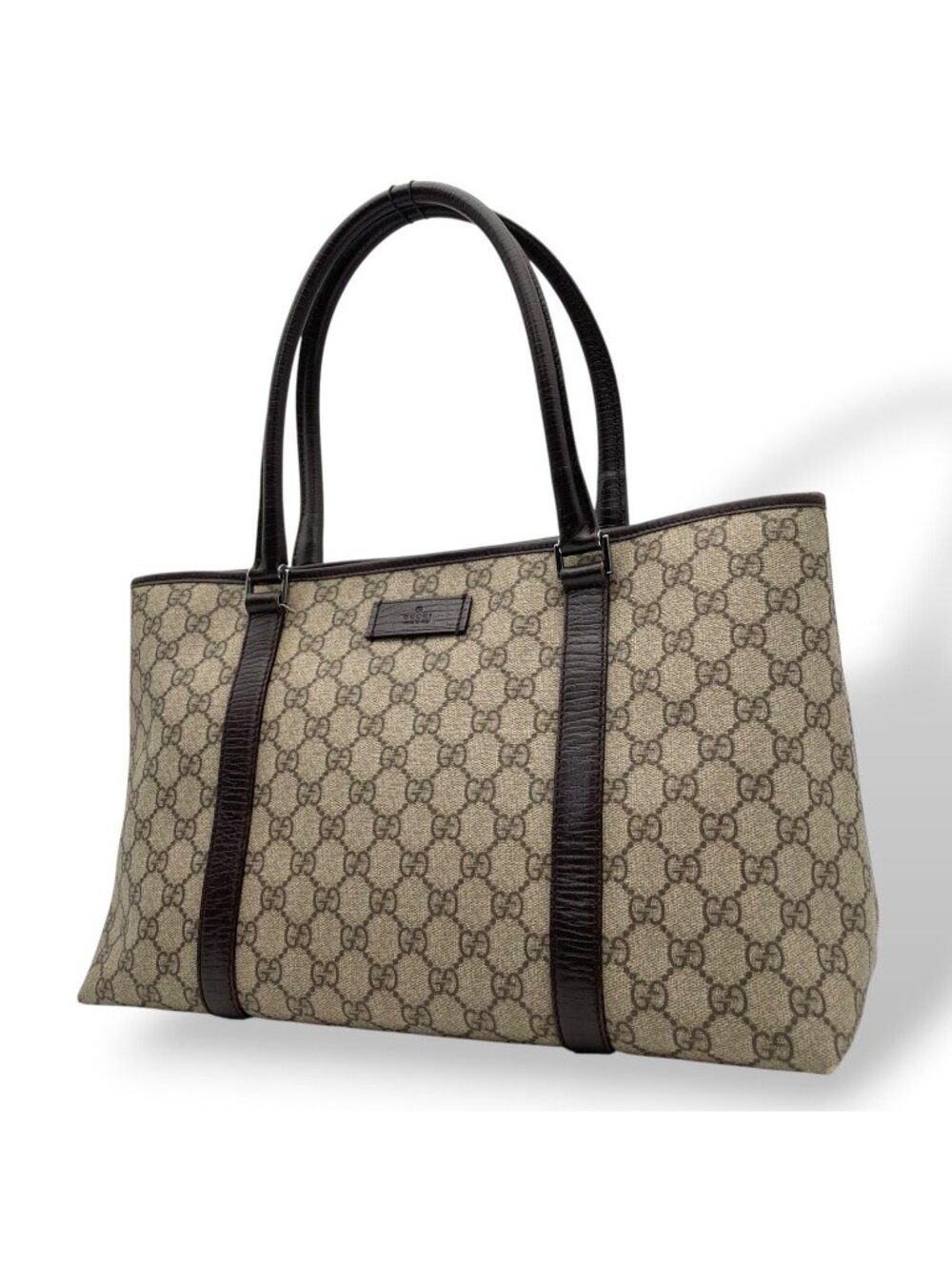 Gucci Tote Handle GG Supreme Leather Gray Judah Brown Silver Classic Simple